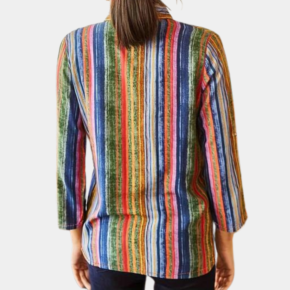 Women's Button-Up Shirt - Striped Pattern - Long Sleeve Relaxed Fit - Casual Wear