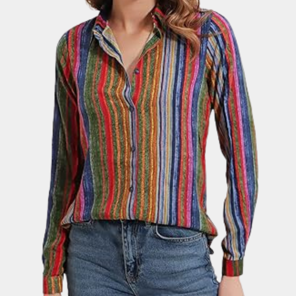 Women's Button-Up Shirt - Striped Pattern - Long Sleeve Relaxed Fit - Casual Wear