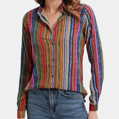 Women's Button-Up Shirt - Striped Pattern - Long Sleeve Relaxed Fit - Casual Wear