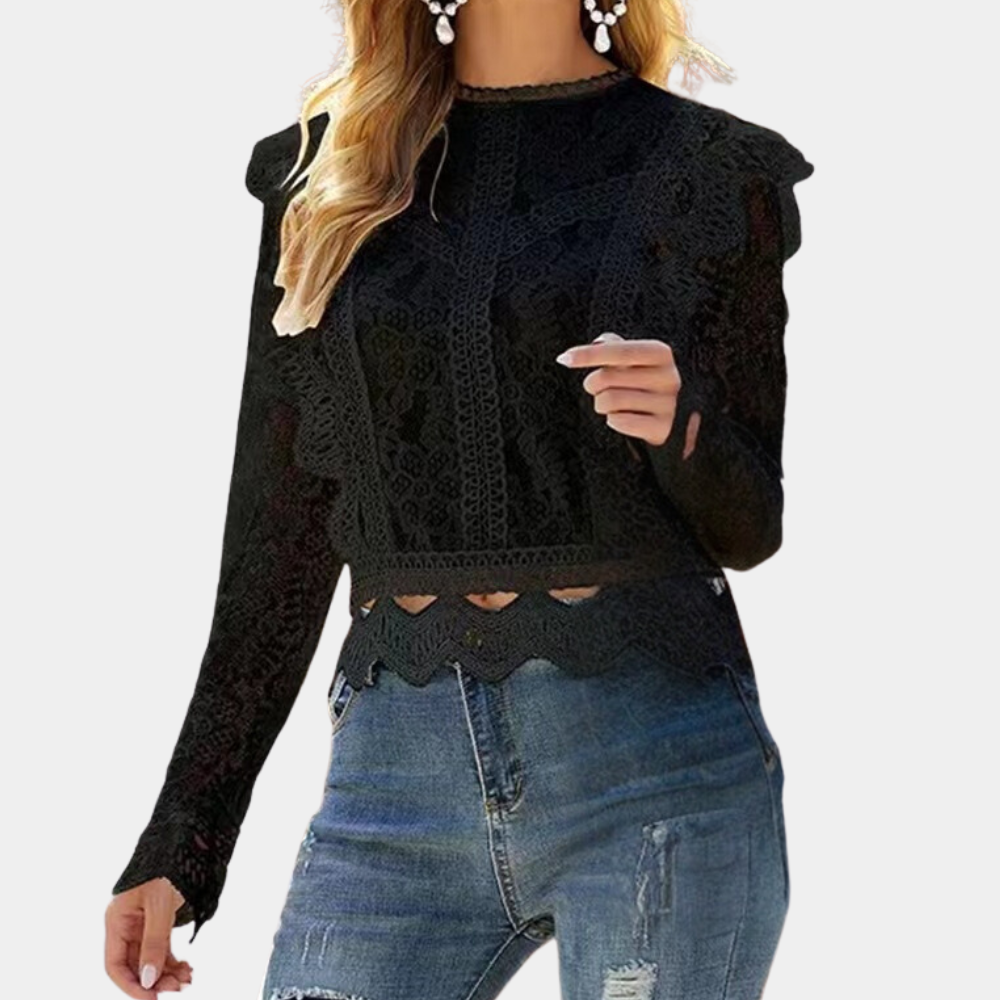 Women's Lace Blouse - High Neck - Long Sleeve - Scalloped Hem - Elegant Semi-Fitted