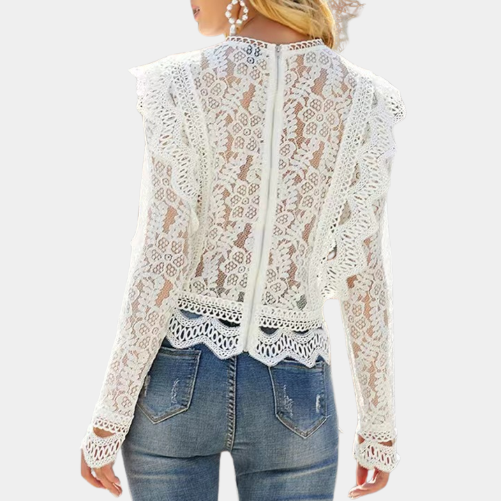 Women's Lace Blouse - High Neck - Long Sleeve - Scalloped Hem - Elegant Semi-Fitted