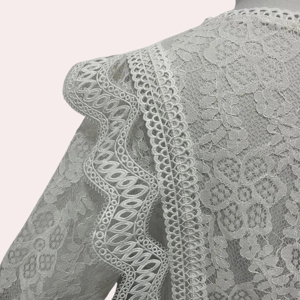 Women's Lace Blouse - High Neck - Long Sleeve - Scalloped Hem - Elegant Semi-Fitted