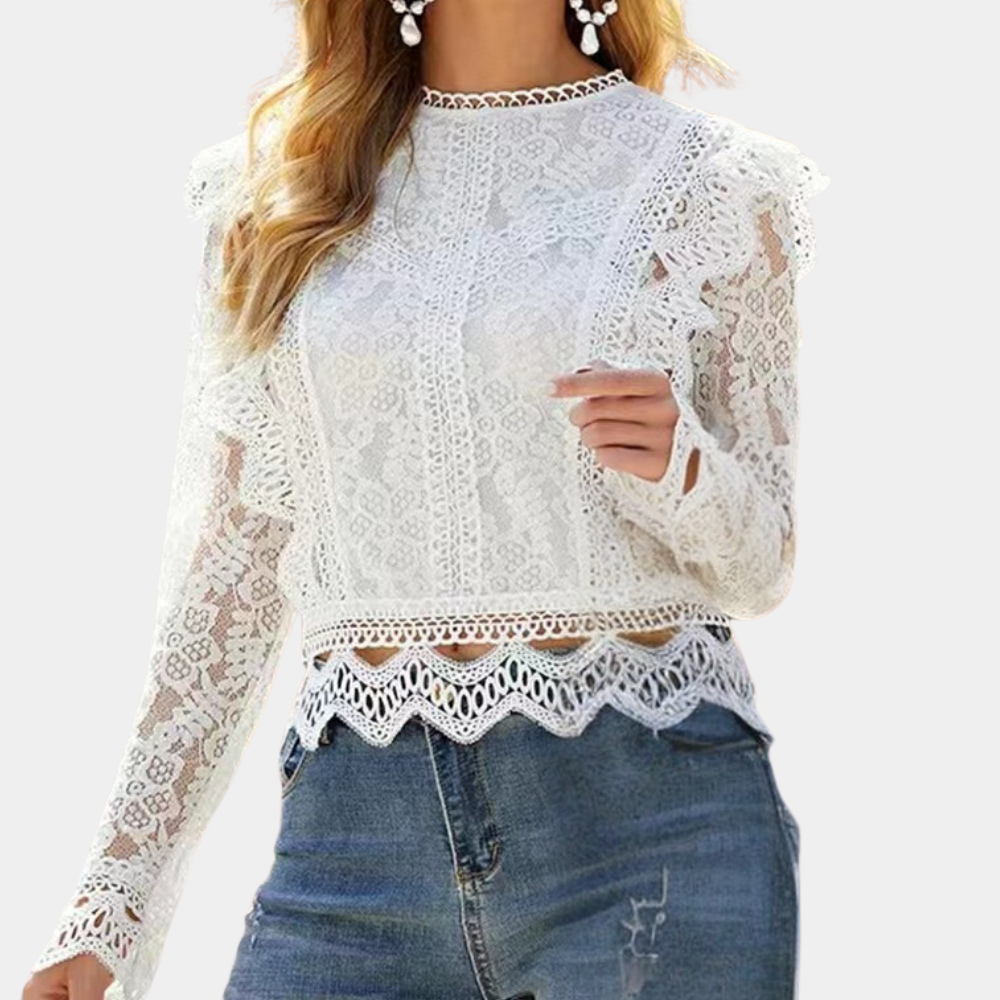 Women's Lace Blouse - High Neck - Long Sleeve - Scalloped Hem - Elegant Semi-Fitted