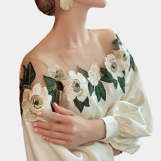 Embroidered Sheer Mesh Neckline Blouse