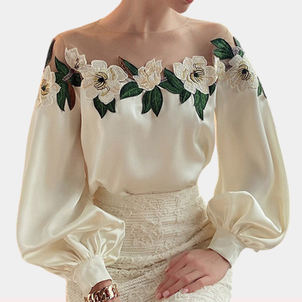 Women's Embroidered Blouse - Sheer Mesh Neckline - Bishop Sleeve Elegant Fit
