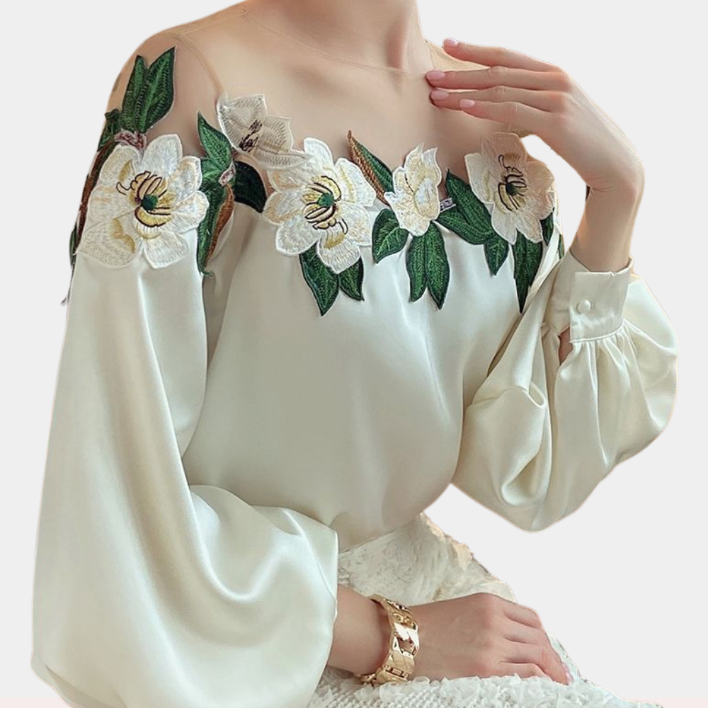 Women's Embroidered Blouse - Sheer Mesh Neckline - Bishop Sleeve Elegant Fit