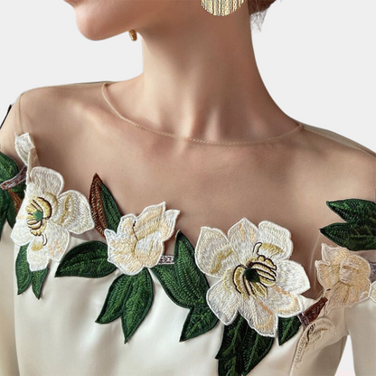 Women's Embroidered Blouse - Sheer Mesh Neckline - Bishop Sleeve Elegant Fit