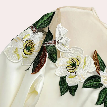 Women's Embroidered Blouse - Sheer Mesh Neckline - Bishop Sleeve Elegant Fit