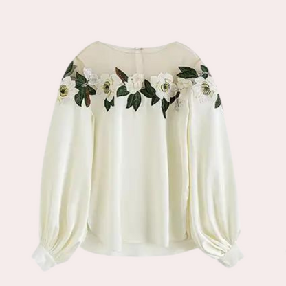 Women's Embroidered Blouse - Sheer Mesh Neckline - Bishop Sleeve Elegant Fit