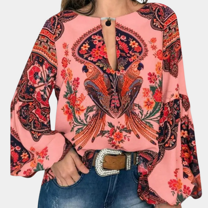 Women's Boho Blouse - V-Neck Button Closure - Long Sleeve Loose Fit Floral Print