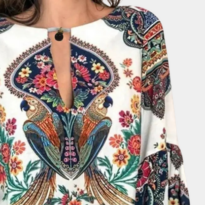 Women's Boho Blouse - V-Neck Button Closure - Long Sleeve Loose Fit Floral Print