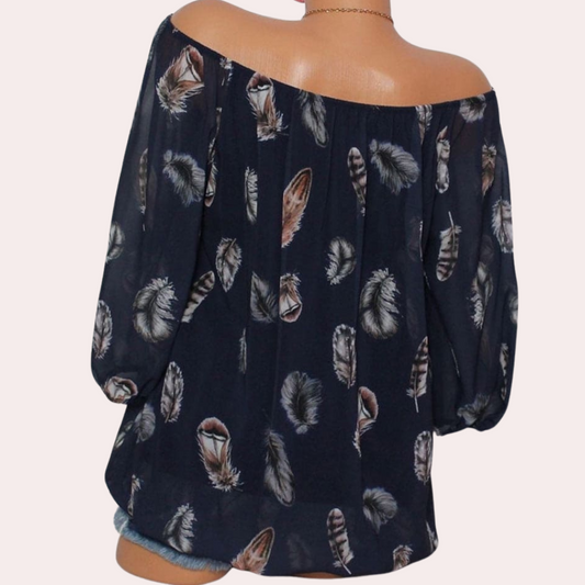Feather Print V-Neck Chiffon Shirt