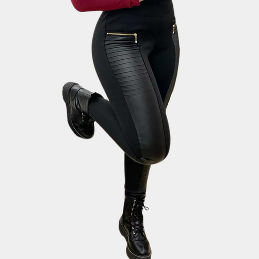 High-Waist Leather Skinny Splicing Trousers