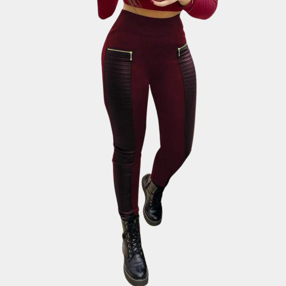 Women's high-waist skinny leather splicing trousers