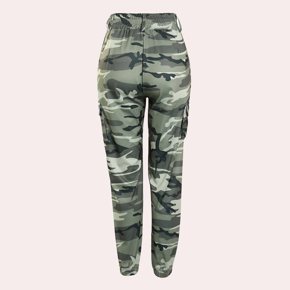 Women’s Cargo Pants - Relaxed Fit - Camouflage Print - Drawstring Waist - Elastic Cuff