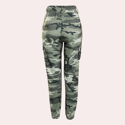 Women’s Cargo Pants - Relaxed Fit - Camouflage Print - Drawstring Waist - Elastic Cuff
