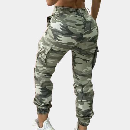 Women’s Cargo Pants - Relaxed Fit - Camouflage Print - Drawstring Waist - Elastic Cuff
