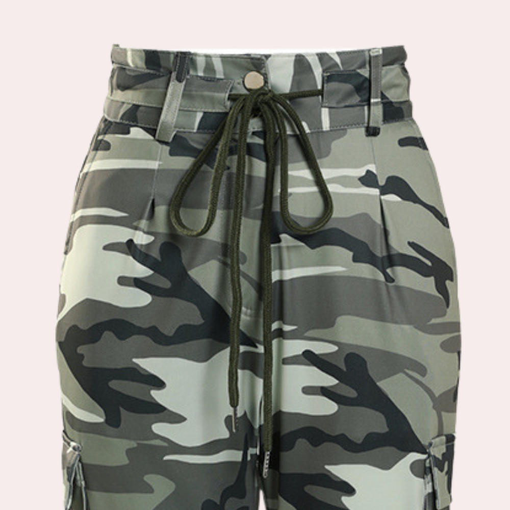 Women’s Cargo Pants - Relaxed Fit - Camouflage Print - Drawstring Waist - Elastic Cuff