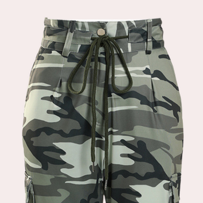 Women’s Cargo Pants - Relaxed Fit - Camouflage Print - Drawstring Waist - Elastic Cuff