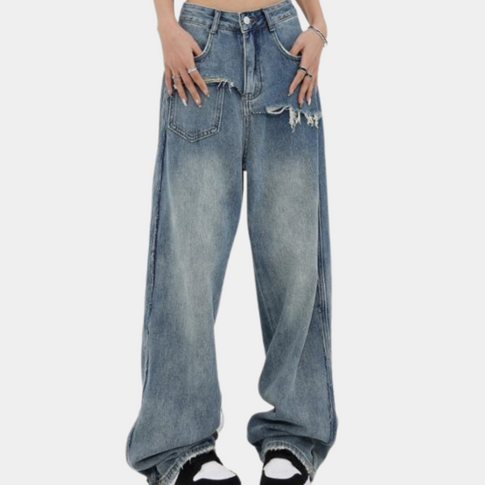 Washed Effect Straight Leg Nine-Point Trousers Jeans