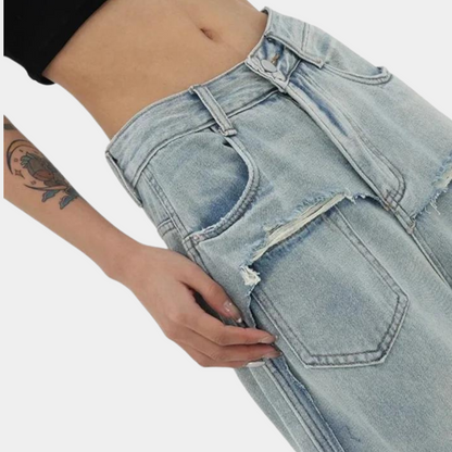 Women's trendy straight leg nine-point trousers jeans with washed effect