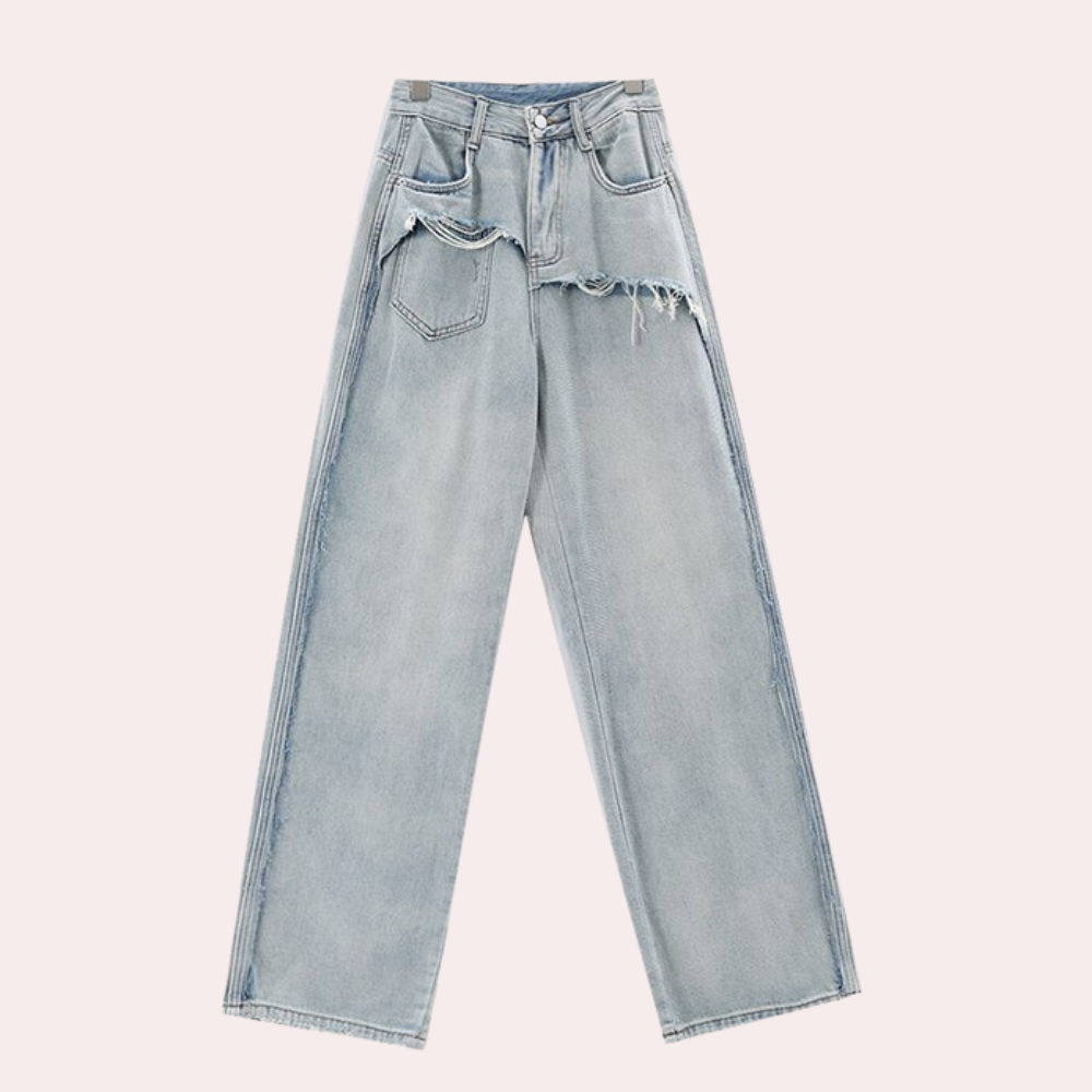 Women's trendy straight leg nine-point trousers jeans with washed effect