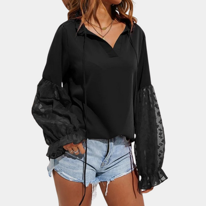 Women's Blouse - V-Neck Tie Front - Sheer Lace Balloon Sleeves - Relaxed Fit