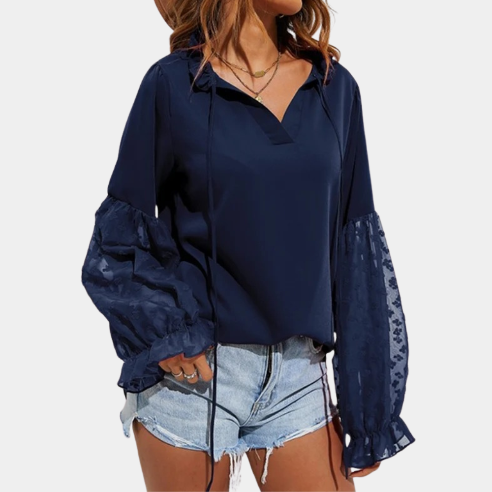 Women's Blouse - V-Neck Tie Front - Sheer Lace Balloon Sleeves - Relaxed Fit