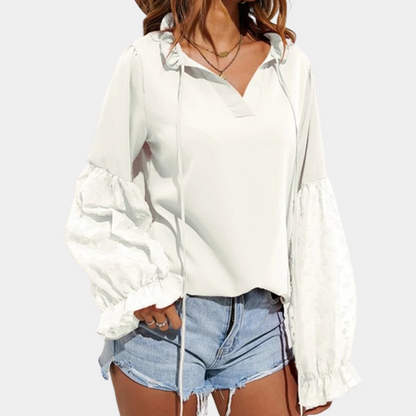 Women's Blouse - V-Neck Tie Front - Sheer Lace Balloon Sleeves - Relaxed Fit