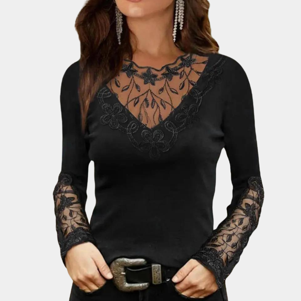 Women's Lace Blouse - V-Neck Fitted Design - Sheer Floral Detailing - Elegant Style