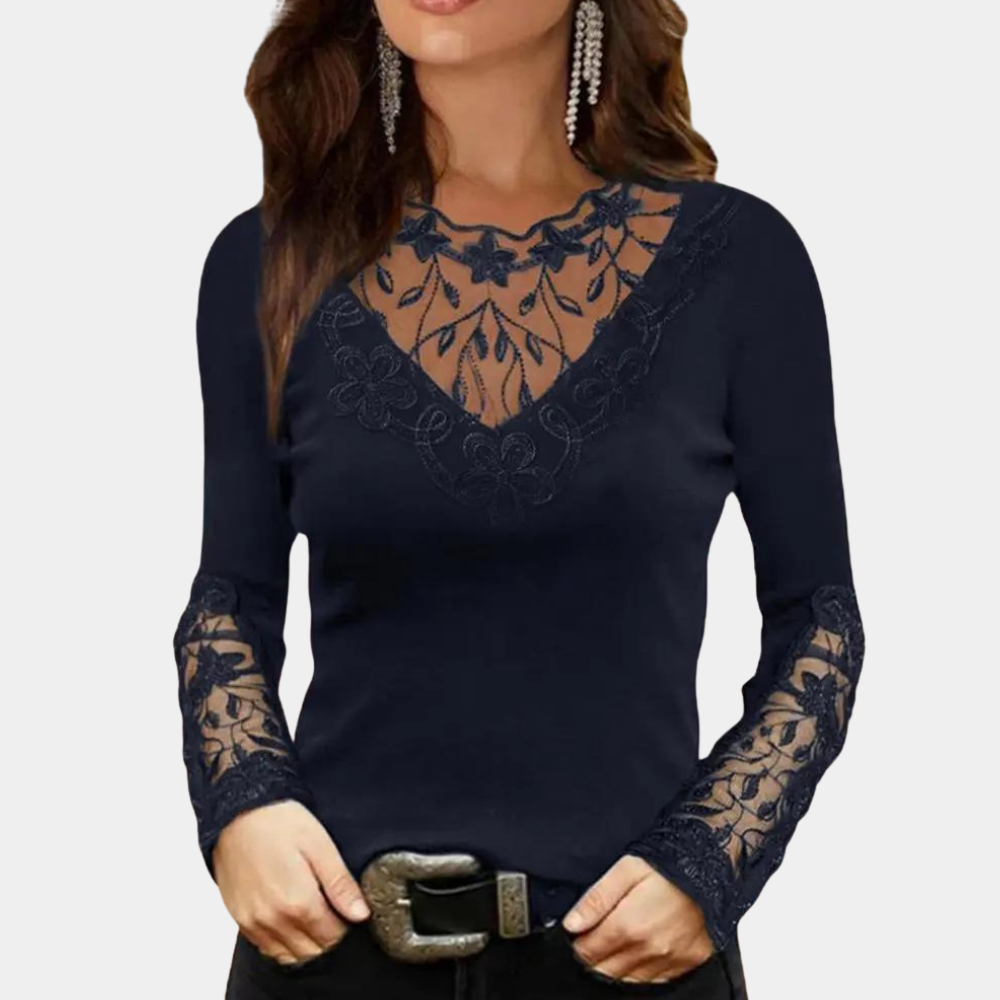 Women's Lace Blouse - V-Neck Fitted Design - Sheer Floral Detailing - Elegant Style