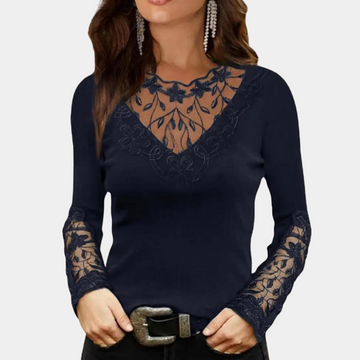 Women's Lace Blouse - V-Neck Fitted Design - Sheer Floral Detailing - Elegant Style