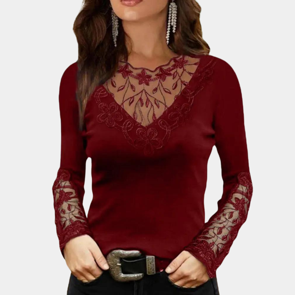 Women's Lace Blouse - V-Neck Fitted Design - Sheer Floral Detailing - Elegant Style