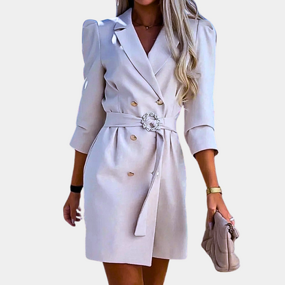 Women's Blazer Dress - Double-Breasted Tailored Fit - Belted Waist - 3/4 Sleeve Formal Wear
