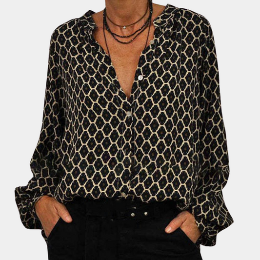 Geometric Pattern Loose Fit Button-Up Blouse