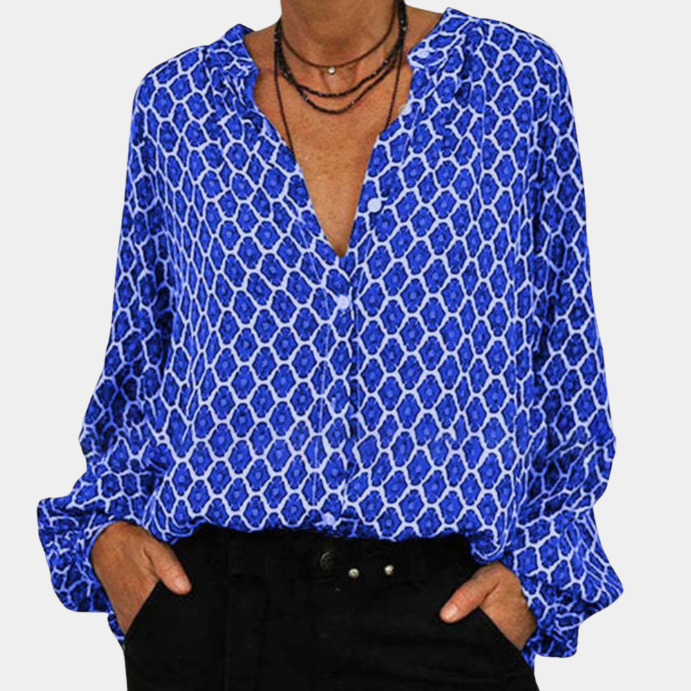 Women's Blouse - V-Neck Button-Up - Long Sleeve Loose Fit - Geometric Pattern