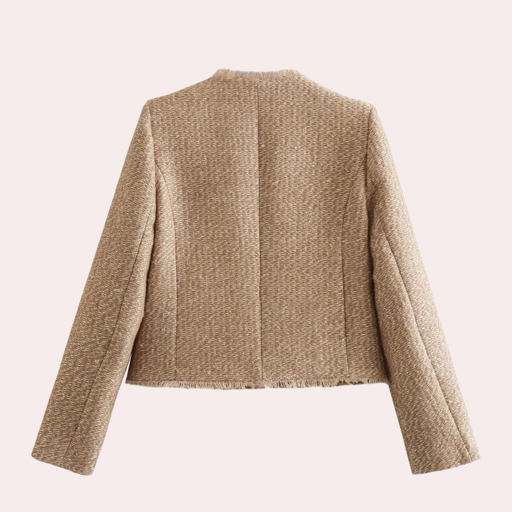 Women’s Tweed Jacket – Tailored Fit – Front Pockets – Frayed Hem – Long Sleeve
