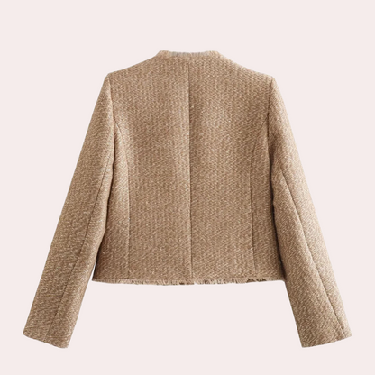 Women’s Tweed Jacket – Tailored Fit – Front Pockets – Frayed Hem – Long Sleeve
