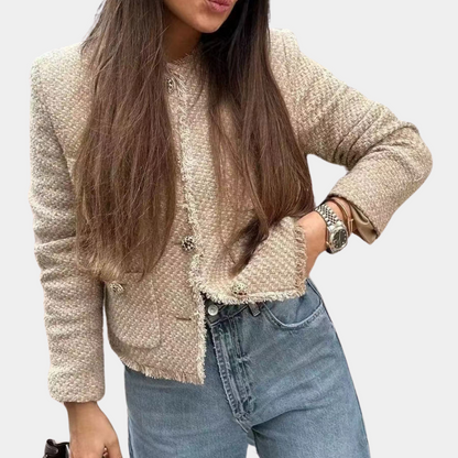 Women’s Tweed Jacket – Tailored Fit – Front Pockets – Frayed Hem – Long Sleeve