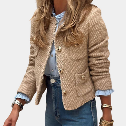 Women’s Tweed Jacket – Tailored Fit – Front Pockets – Frayed Hem – Long Sleeve