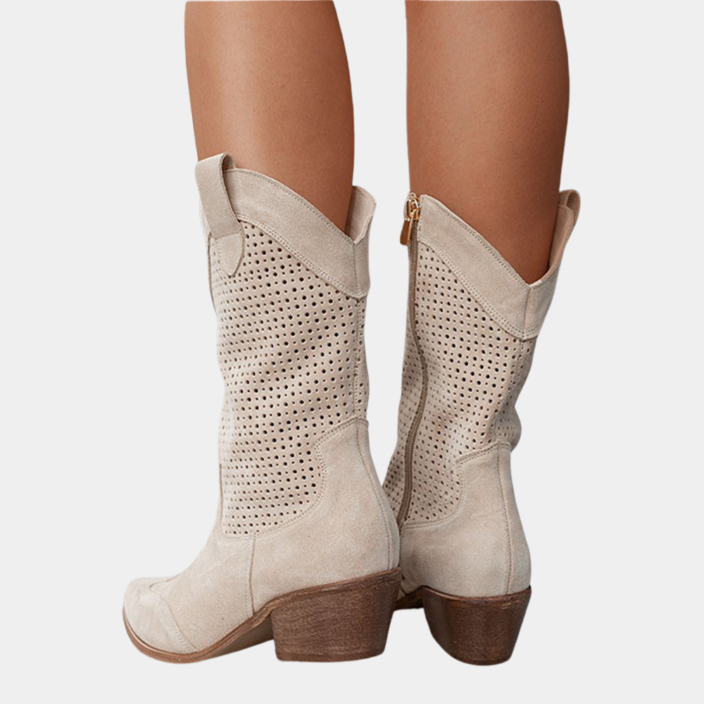 Women’s Cowboy Boots - Leather Upper - Perforated Shaft - Pointed Toe - Block Heel