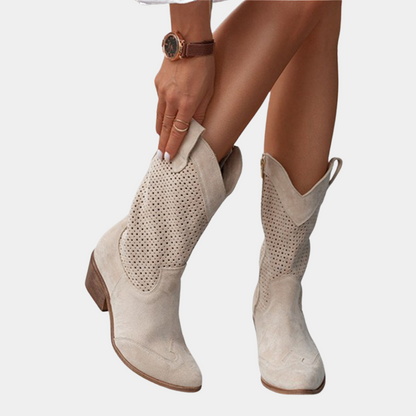 Women’s Cowboy Boots - Leather Upper - Perforated Shaft - Pointed Toe - Block Heel