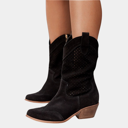 Women’s Cowboy Boots - Leather Upper - Perforated Shaft - Pointed Toe - Block Heel