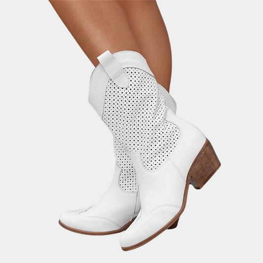 Perforated Leather Block Heel Cowboy Boots