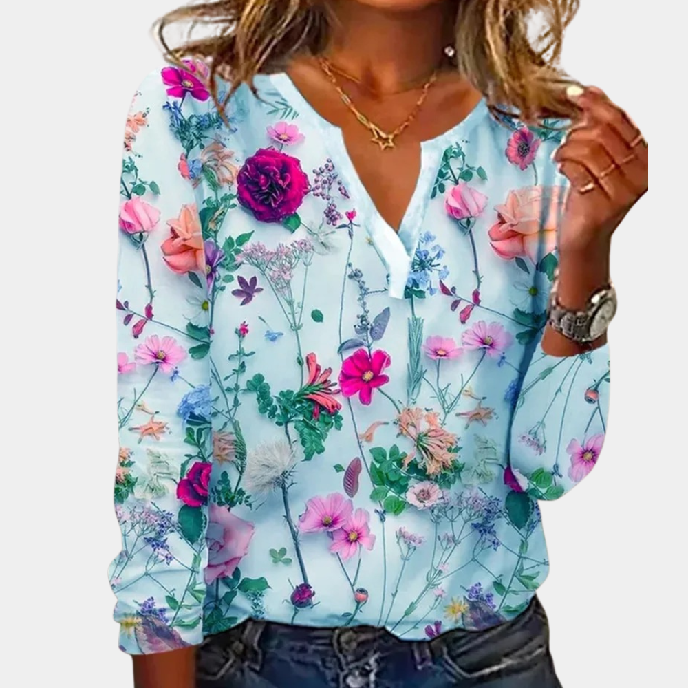Women's Blouse - V-Neck - Long Sleeve - Lightweight Floral Print Casual Wear