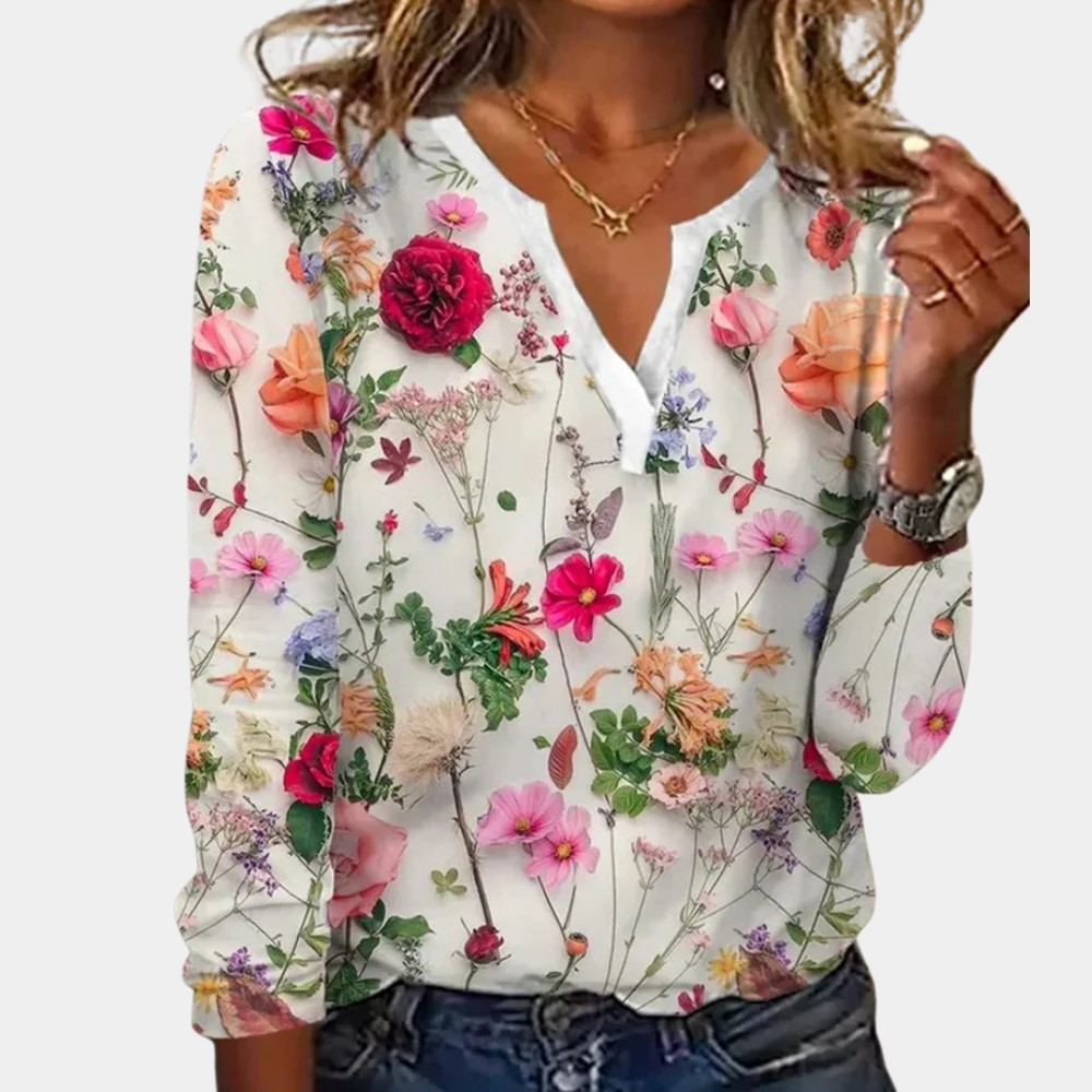 Women's Blouse - V-Neck - Long Sleeve - Lightweight Floral Print Casual Wear