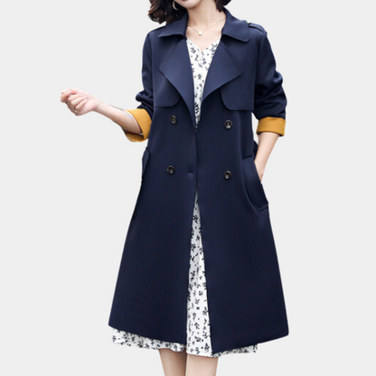 Women’s Trench Coat - Knee Length - Double Breasted - Belted Waist - Storm Flap Design