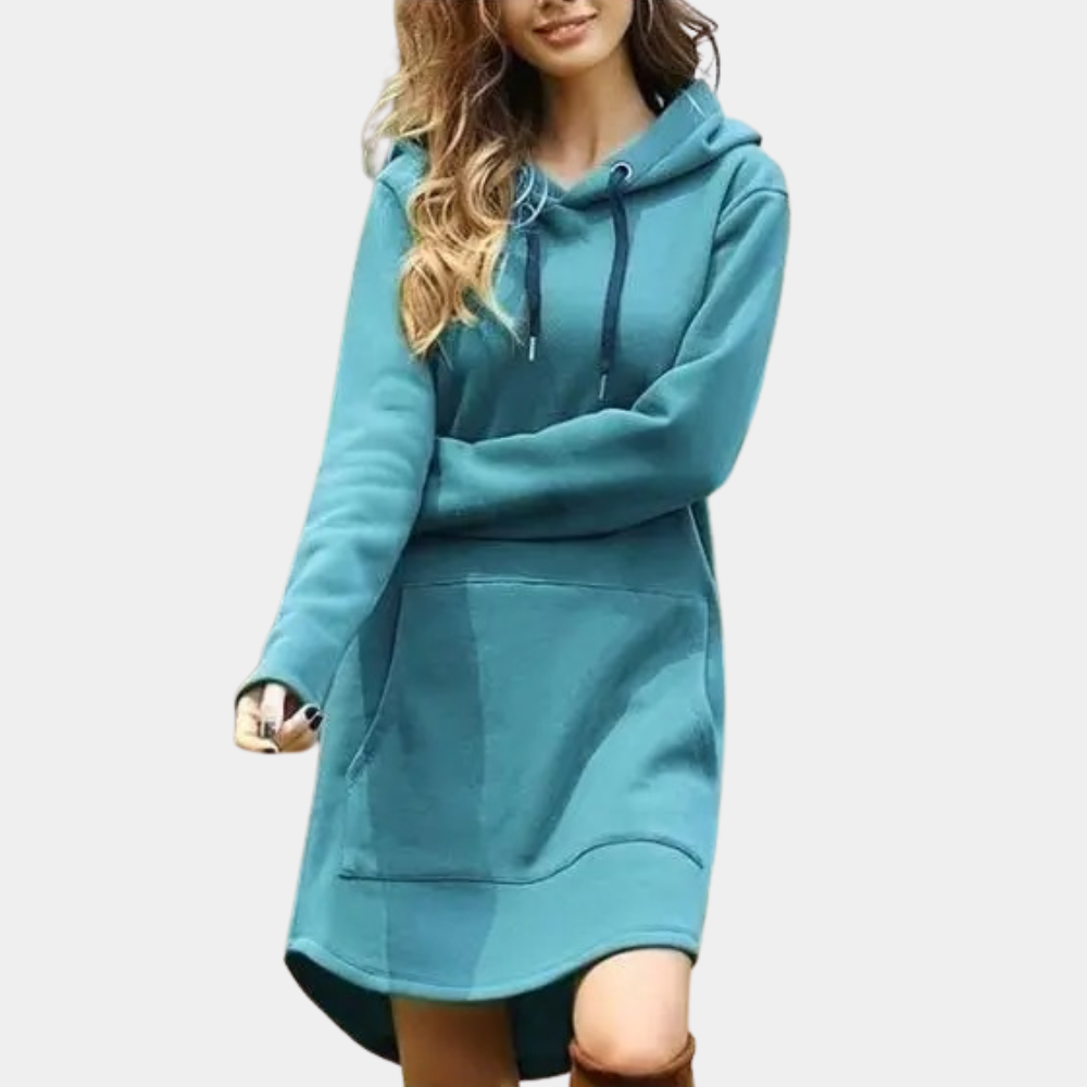 Women's Hoodie Dress - Long Pullover Relaxed Fit - Hooded with Kangaroo Pocket