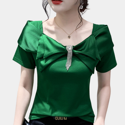 Women's Off-Shoulder Top - Fitted Silhouette - Oversized Bow Detail - Short Sleeve Elegant Design