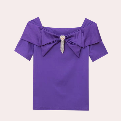 Women's Off-Shoulder Top - Fitted Silhouette - Oversized Bow Detail - Short Sleeve Elegant Design